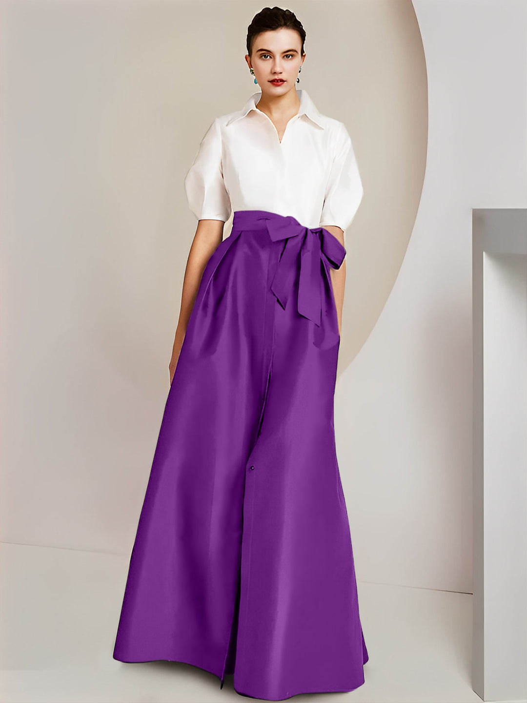 Robe Mère de la Mariée 2 Pièces Coupe A-Line/Princess, Col Chemise, Manches Courtes, Longueur Au Sol, avec Nœud