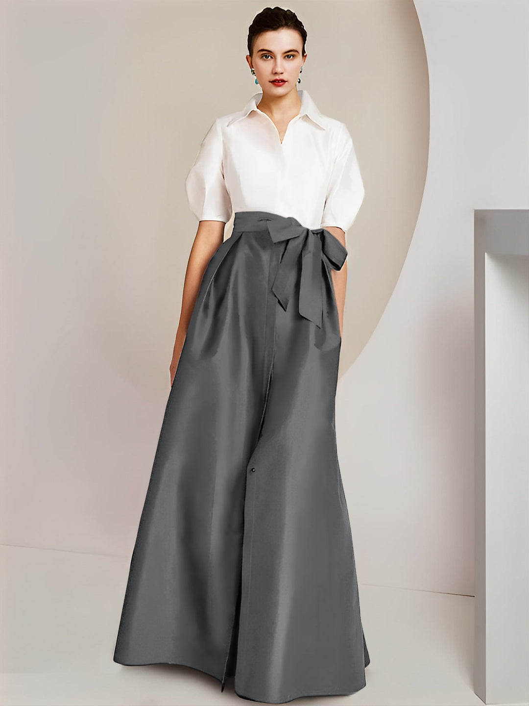 Robe Mère de la Mariée 2 Pièces Coupe A-Line/Princess, Col Chemise, Manches Courtes, Longueur Au Sol, avec Nœud