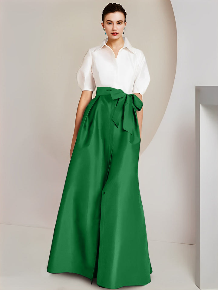 Robe Mère de la Mariée 2 Pièces Coupe A-Line/Princess, Col Chemise, Manches Courtes, Longueur Au Sol, avec Nœud
