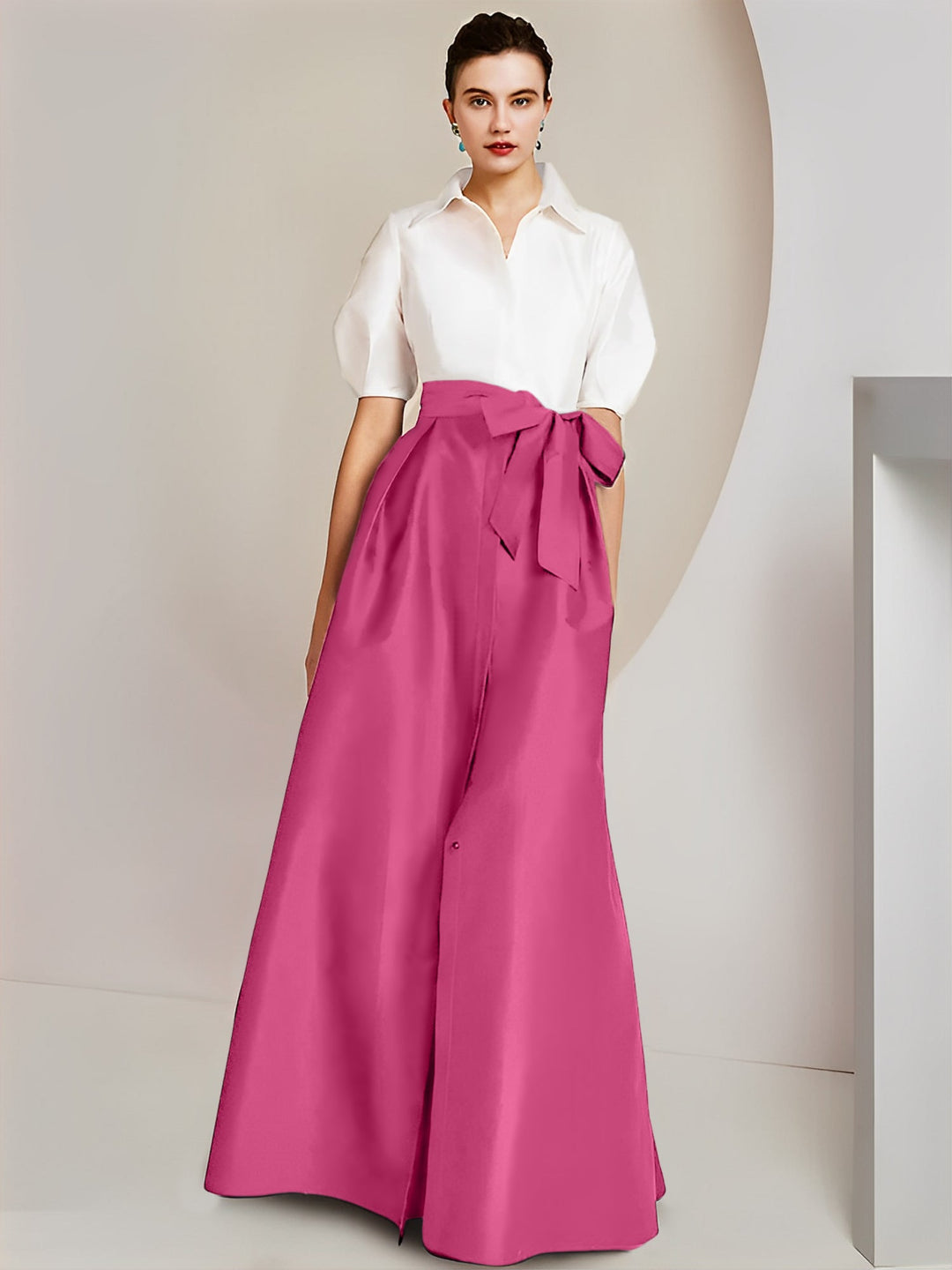 Robe Mère de la Mariée 2 Pièces Coupe A-Line/Princess, Col Chemise, Manches Courtes, Longueur Au Sol, avec Nœud