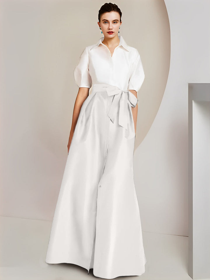 Robe Mère de la Mariée 2 Pièces Coupe A-Line/Princess, Col Chemise, Manches Courtes, Longueur Au Sol, avec Nœud