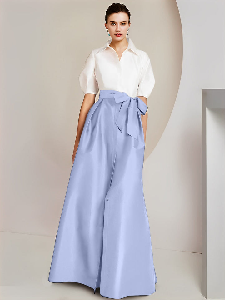 Robe Mère de la Mariée 2 Pièces Coupe A-Line/Princess, Col Chemise, Manches Courtes, Longueur Au Sol, avec Nœud