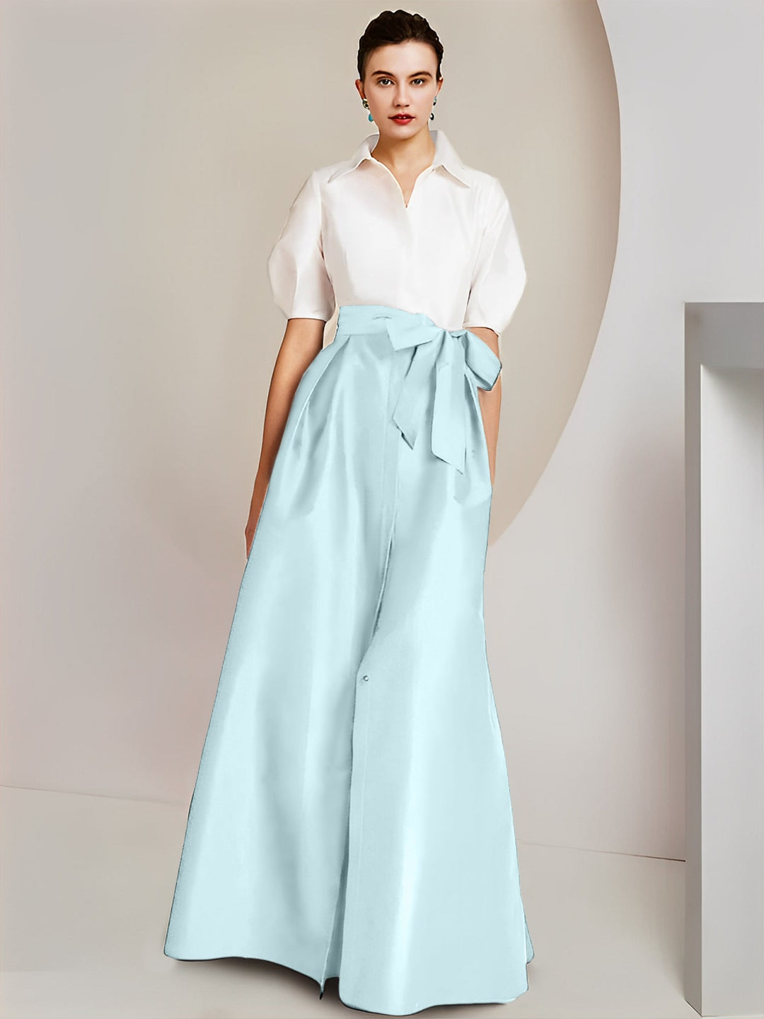 Robe Mère de la Mariée 2 Pièces Coupe A-Line/Princess, Col Chemise, Manches Courtes, Longueur Au Sol, avec Nœud