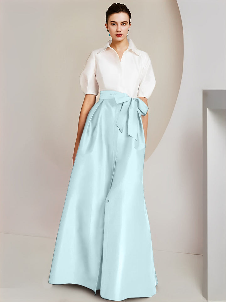 Robe Mère de la Mariée 2 Pièces Coupe A-Line/Princess, Col Chemise, Manches Courtes, Longueur Au Sol, avec Nœud
