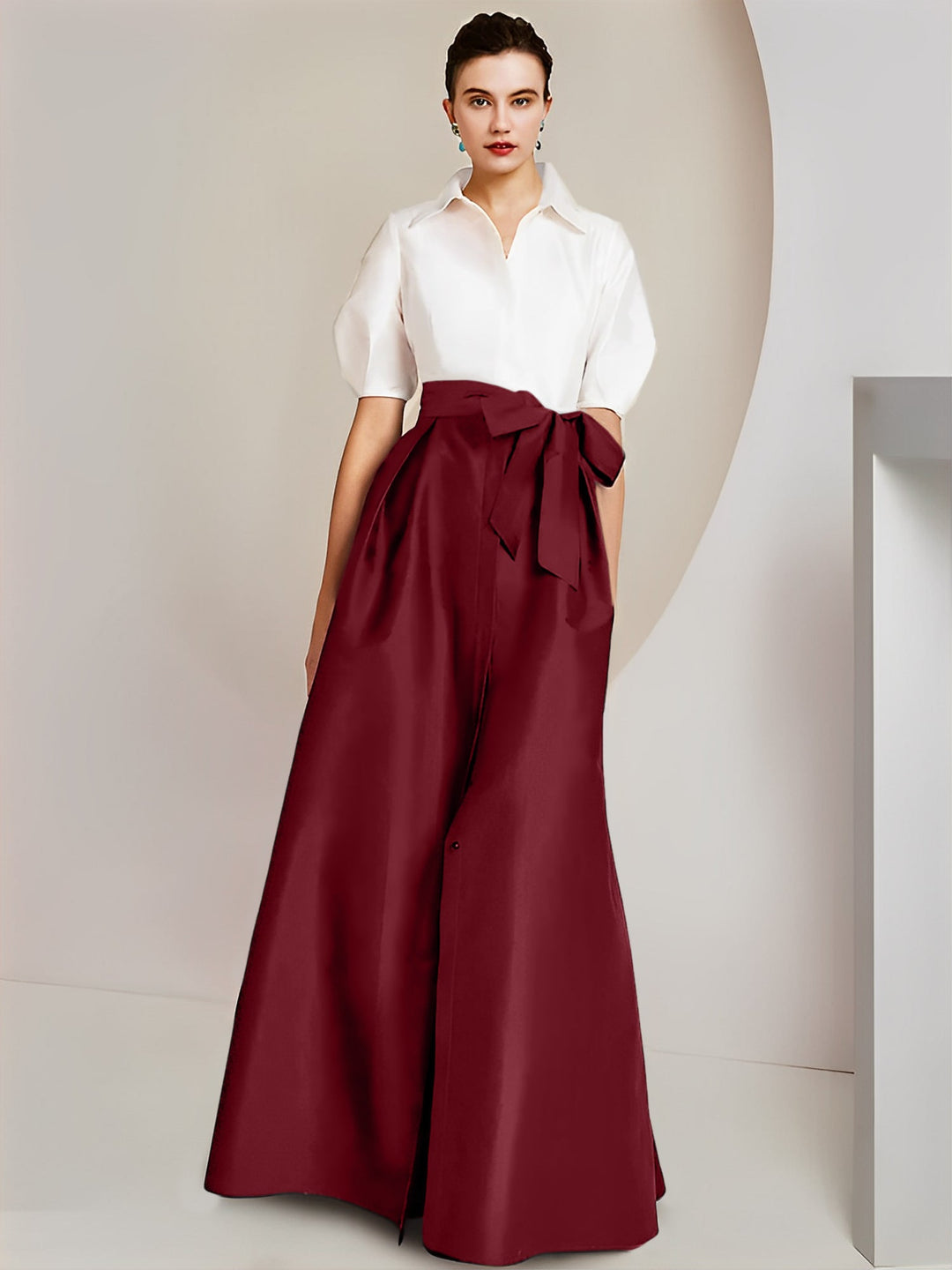 Robe Mère de la Mariée 2 Pièces Coupe A-Line/Princess, Col Chemise, Manches Courtes, Longueur Au Sol, avec Nœud