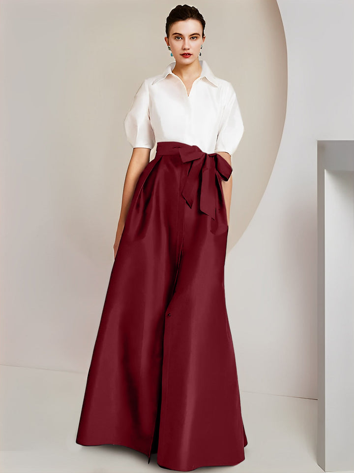 Robe Mère de la Mariée 2 Pièces Coupe A-Line/Princess, Col Chemise, Manches Courtes, Longueur Au Sol, avec Nœud