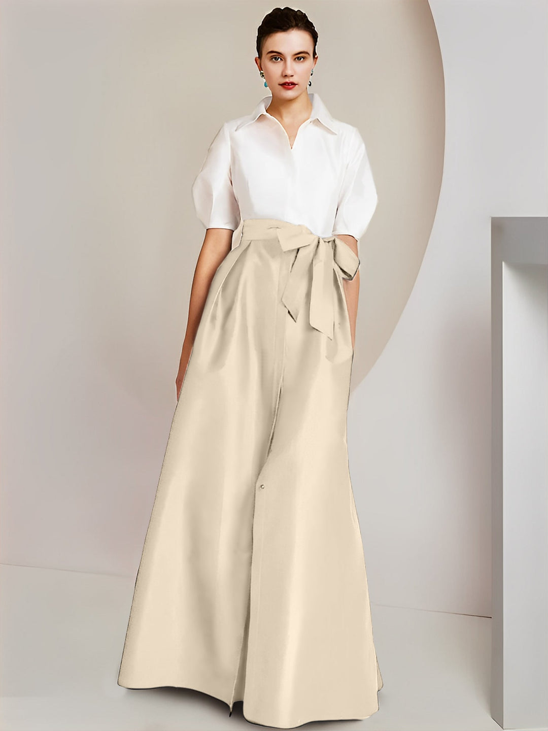 Robe Mère de la Mariée 2 Pièces Coupe A-Line/Princess, Col Chemise, Manches Courtes, Longueur Au Sol, avec Nœud