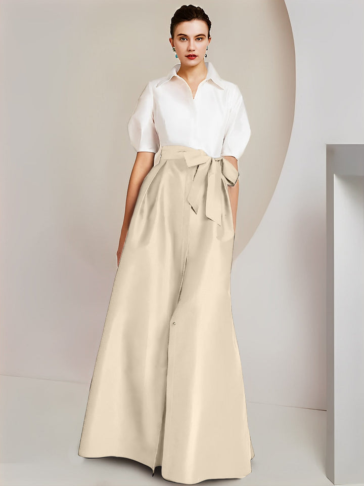 Robe Mère de la Mariée 2 Pièces Coupe A-Line/Princess, Col Chemise, Manches Courtes, Longueur Au Sol, avec Nœud