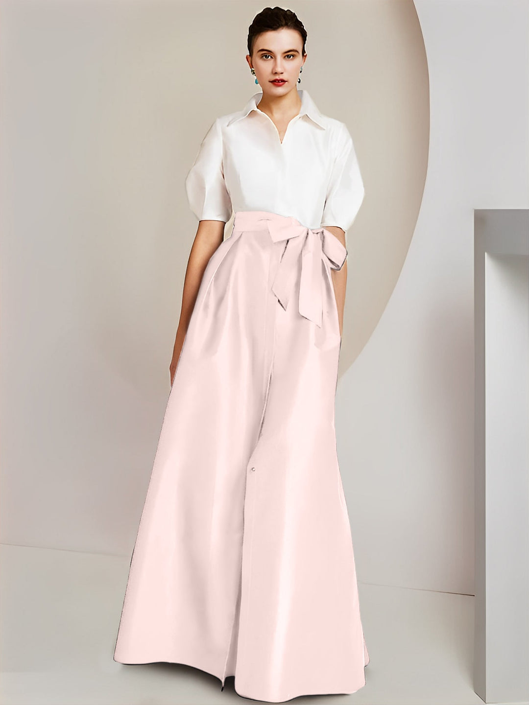 Robe Mère de la Mariée 2 Pièces Coupe A-Line/Princess, Col Chemise, Manches Courtes, Longueur Au Sol, avec Nœud