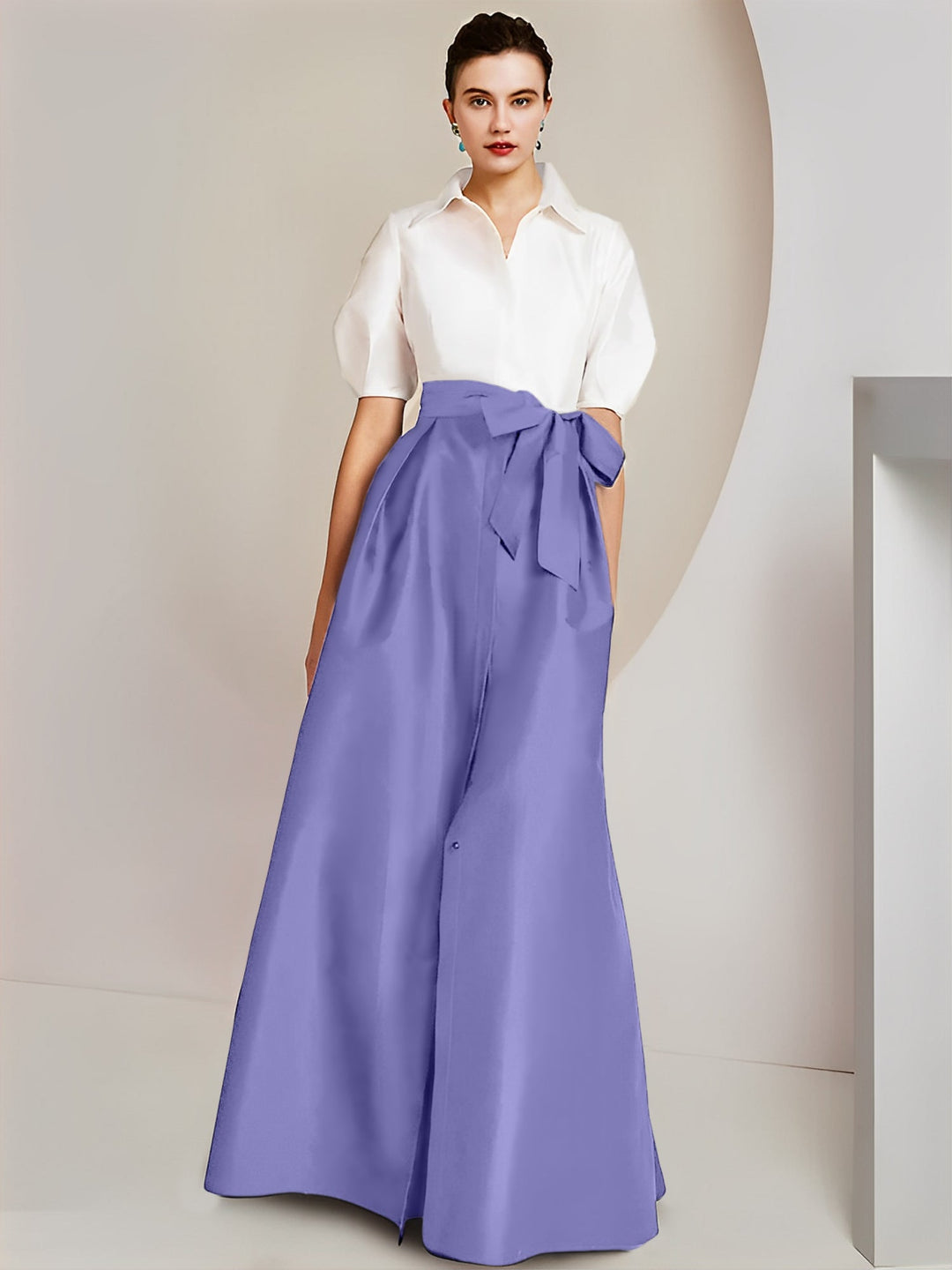 Robe Mère de la Mariée 2 Pièces Coupe A-Line/Princess, Col Chemise, Manches Courtes, Longueur Au Sol, avec Nœud