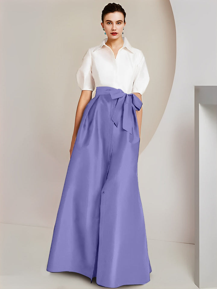 Robe Mère de la Mariée 2 Pièces Coupe A-Line/Princess, Col Chemise, Manches Courtes, Longueur Au Sol, avec Nœud