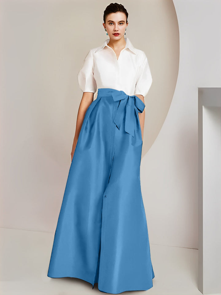 Robe Mère de la Mariée 2 Pièces Coupe A-Line/Princess, Col Chemise, Manches Courtes, Longueur Au Sol, avec Nœud