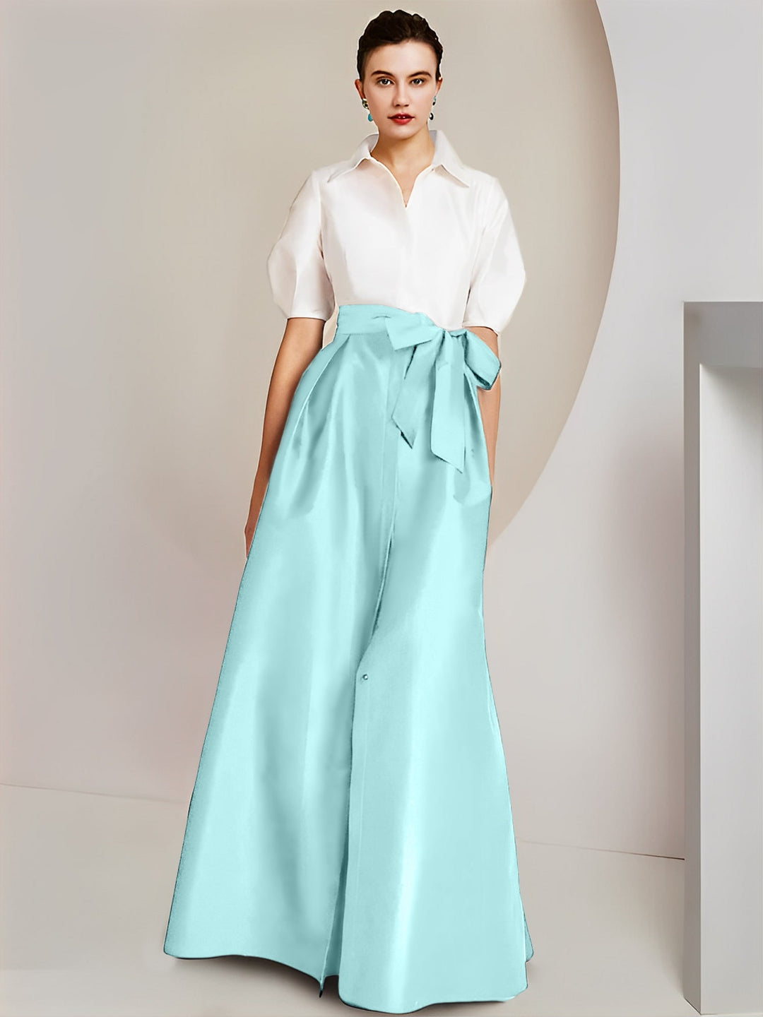 Robe Mère de la Mariée 2 Pièces Coupe A-Line/Princess, Col Chemise, Manches Courtes, Longueur Au Sol, avec Nœud