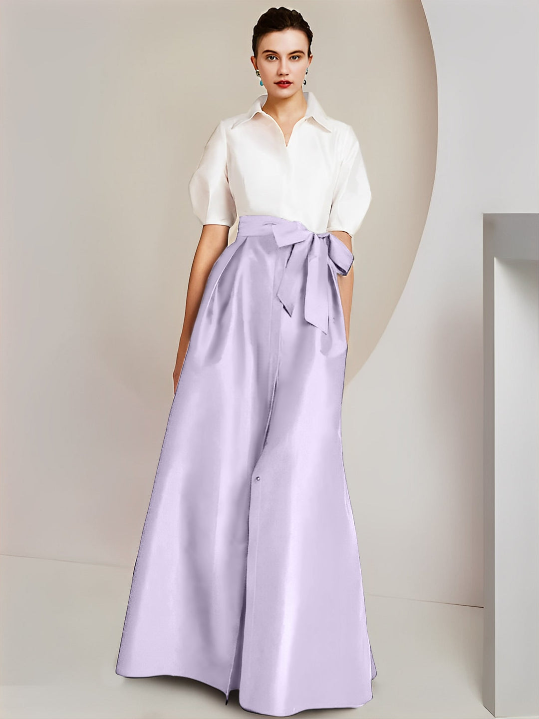 Robe Mère de la Mariée 2 Pièces Coupe A-Line/Princess, Col Chemise, Manches Courtes, Longueur Au Sol, avec Nœud