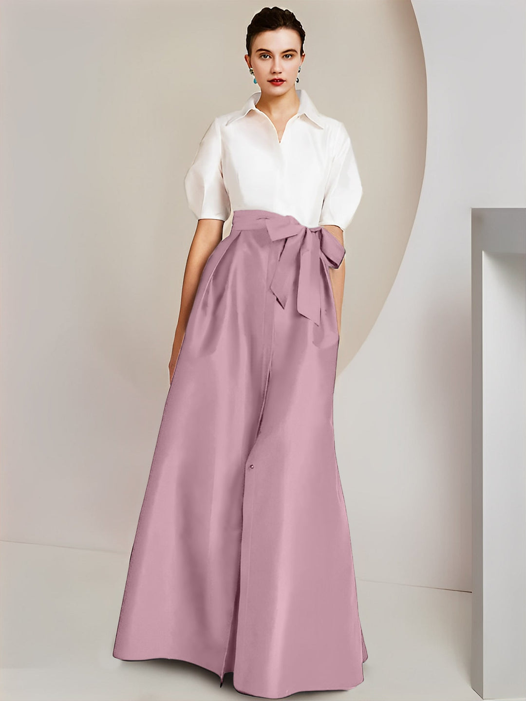 Robe Mère de la Mariée 2 Pièces Coupe A-Line/Princess, Col Chemise, Manches Courtes, Longueur Au Sol, avec Nœud
