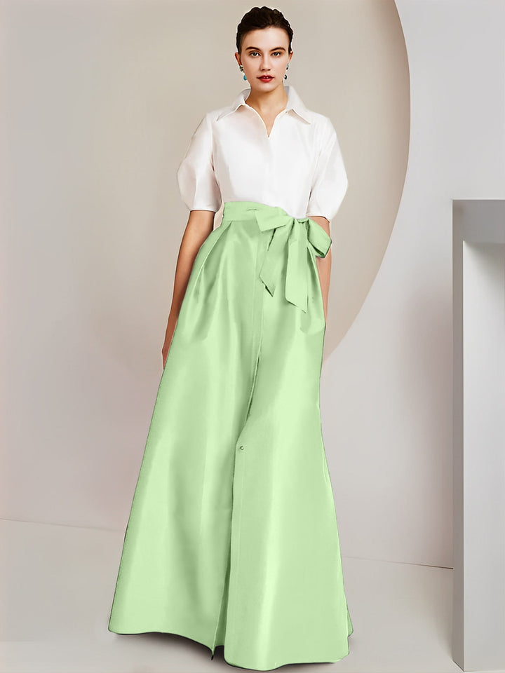 Robe Mère de la Mariée 2 Pièces Coupe A-Line/Princess, Col Chemise, Manches Courtes, Longueur Au Sol, avec Nœud