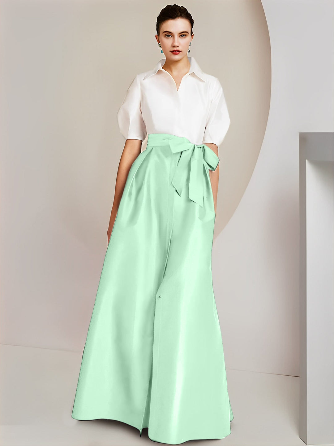 Robe Mère de la Mariée 2 Pièces Coupe A-Line/Princess, Col Chemise, Manches Courtes, Longueur Au Sol, avec Nœud