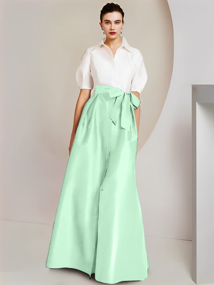 Robe Mère de la Mariée 2 Pièces Coupe A-Line/Princess, Col Chemise, Manches Courtes, Longueur Au Sol, avec Nœud