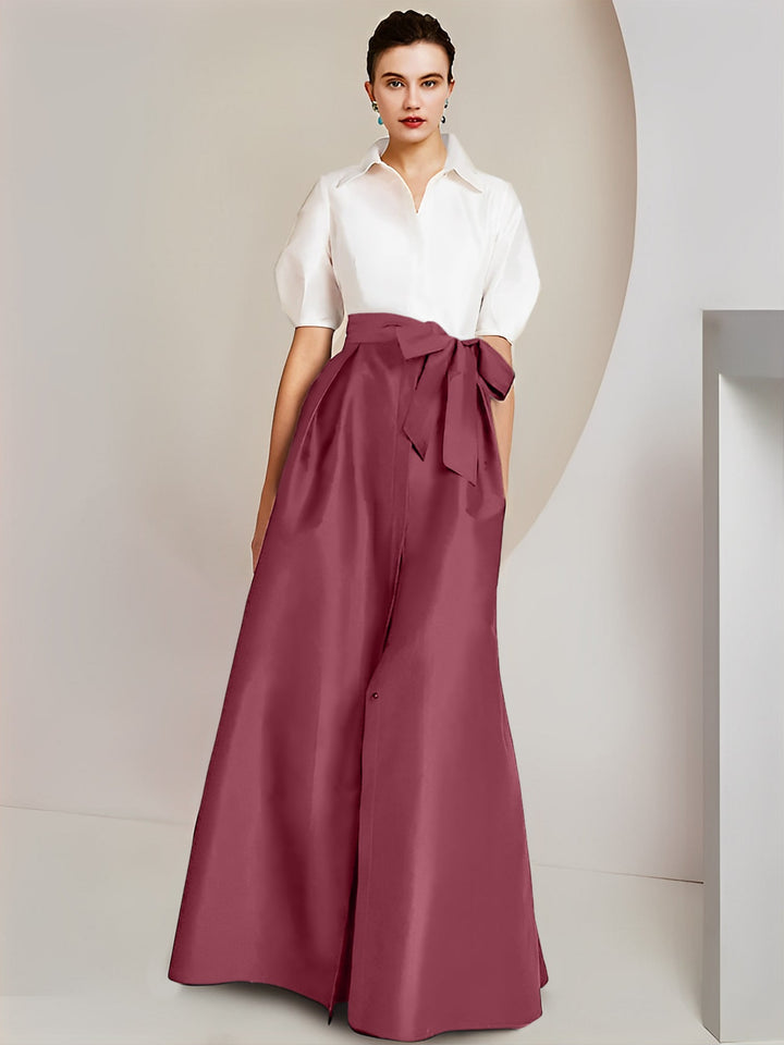 Robe Mère de la Mariée 2 Pièces Coupe A-Line/Princess, Col Chemise, Manches Courtes, Longueur Au Sol, avec Nœud