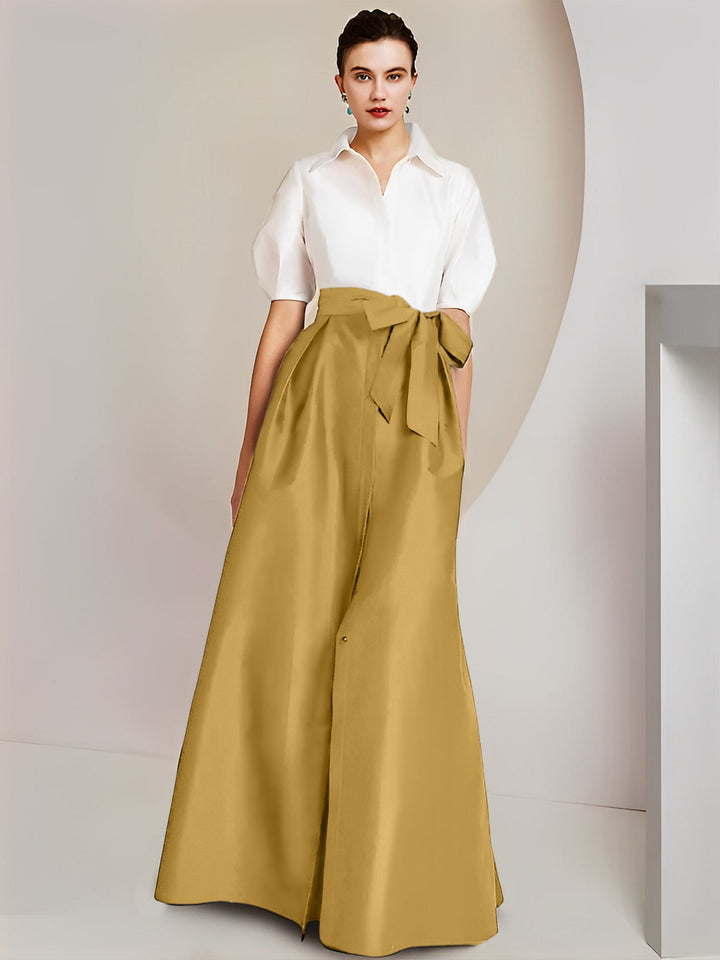 Robe Mère de la Mariée 2 Pièces Coupe A-Line/Princess, Col Chemise, Manches Courtes, Longueur Au Sol, avec Nœud