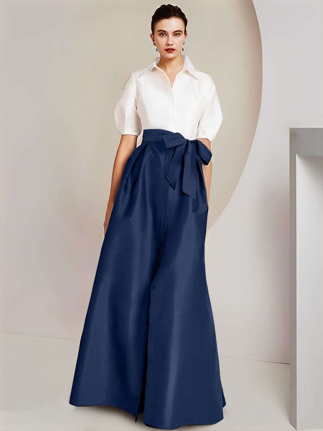 Robe Mère de la Mariée 2 Pièces Coupe A-Line/Princess, Col Chemise, Manches Courtes, Longueur Au Sol, avec Nœud