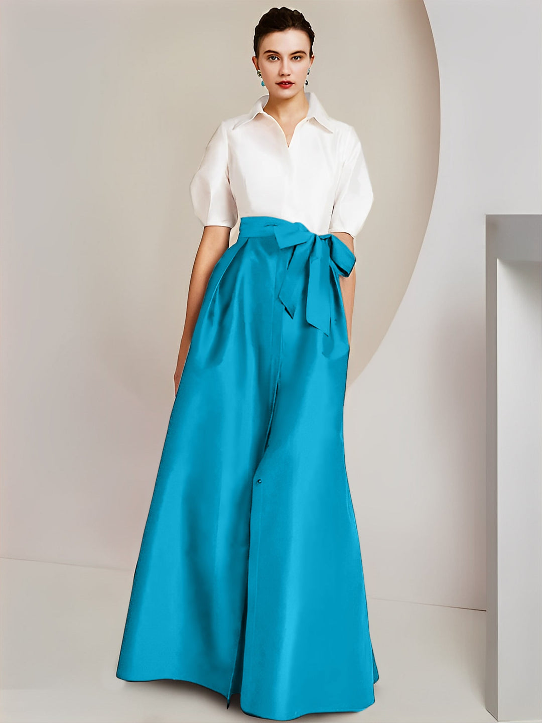 Robe Mère de la Mariée 2 Pièces Coupe A-Line/Princess, Col Chemise, Manches Courtes, Longueur Au Sol, avec Nœud