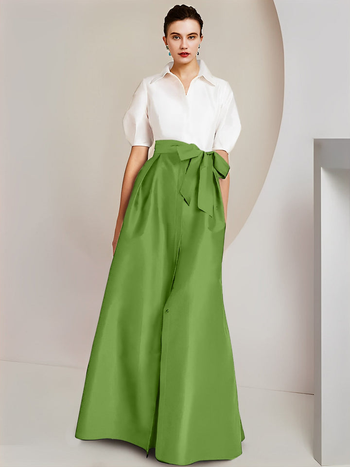 Robe Mère de la Mariée 2 Pièces Coupe A-Line/Princess, Col Chemise, Manches Courtes, Longueur Au Sol, avec Nœud