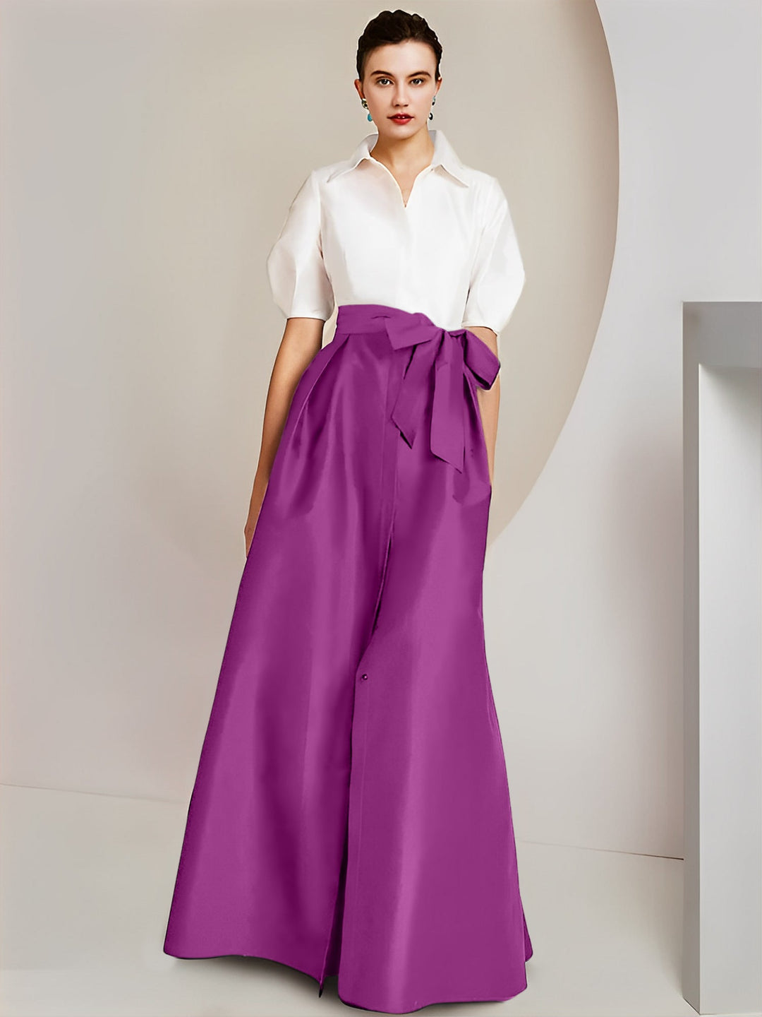 Robe Mère de la Mariée 2 Pièces Coupe A-Line/Princess, Col Chemise, Manches Courtes, Longueur Au Sol, avec Nœud
