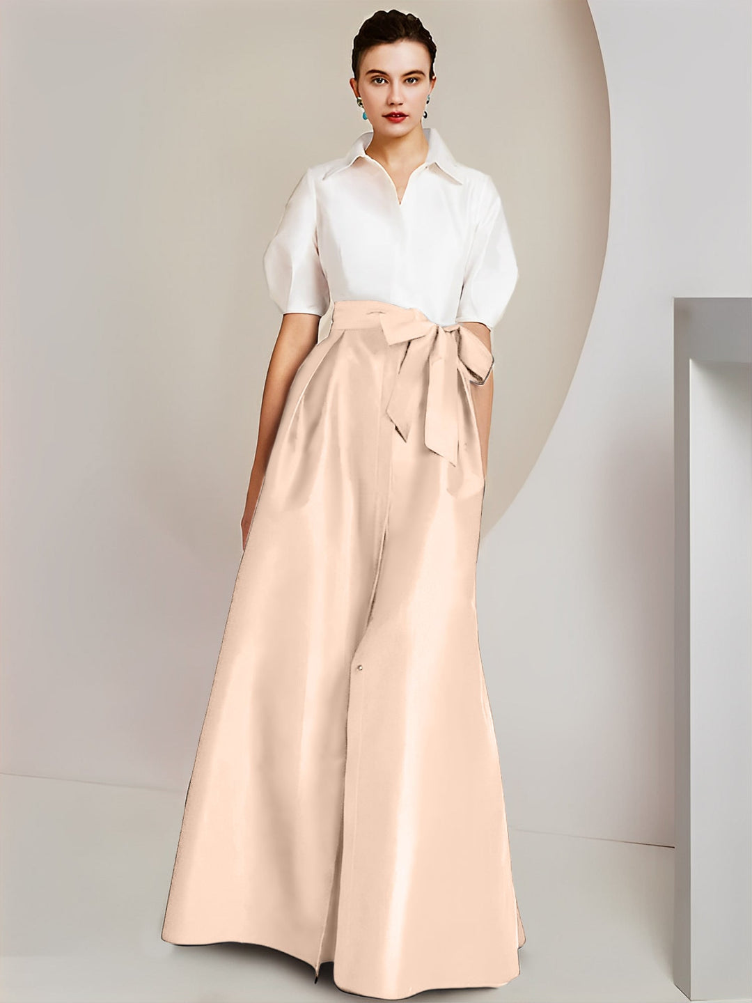 Robe Mère de la Mariée 2 Pièces Coupe A-Line/Princess, Col Chemise, Manches Courtes, Longueur Au Sol, avec Nœud