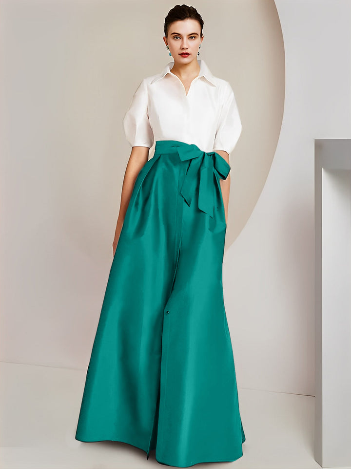 Robe Mère de la Mariée 2 Pièces Coupe A-Line/Princess, Col Chemise, Manches Courtes, Longueur Au Sol, avec Nœud