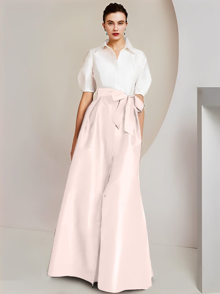 Robe Mère de la Mariée 2 Pièces Coupe A-Line/Princess, Col Chemise, Manches Courtes, Longueur Au Sol, avec Nœud