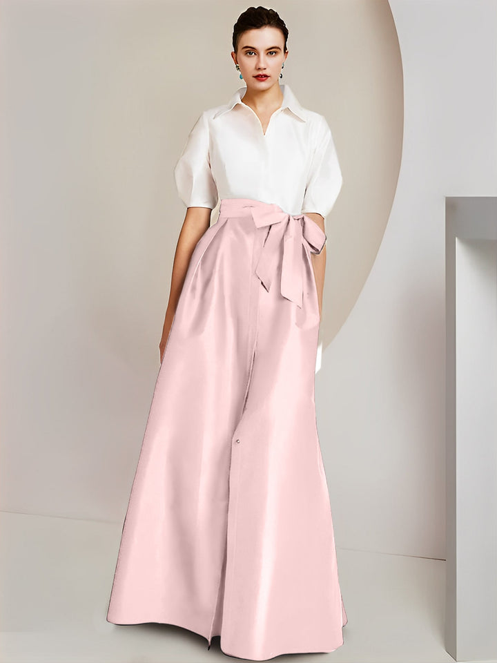 Robe Mère de la Mariée 2 Pièces Coupe A-Line/Princess, Col Chemise, Manches Courtes, Longueur Au Sol, avec Nœud