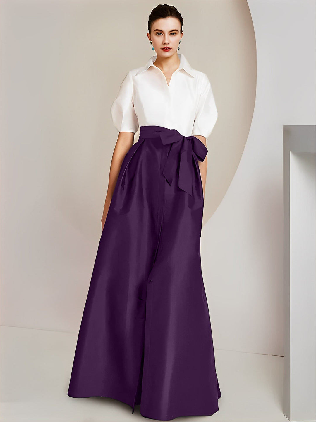 Robe Mère de la Mariée 2 Pièces Coupe A-Line/Princess, Col Chemise, Manches Courtes, Longueur Au Sol, avec Nœud