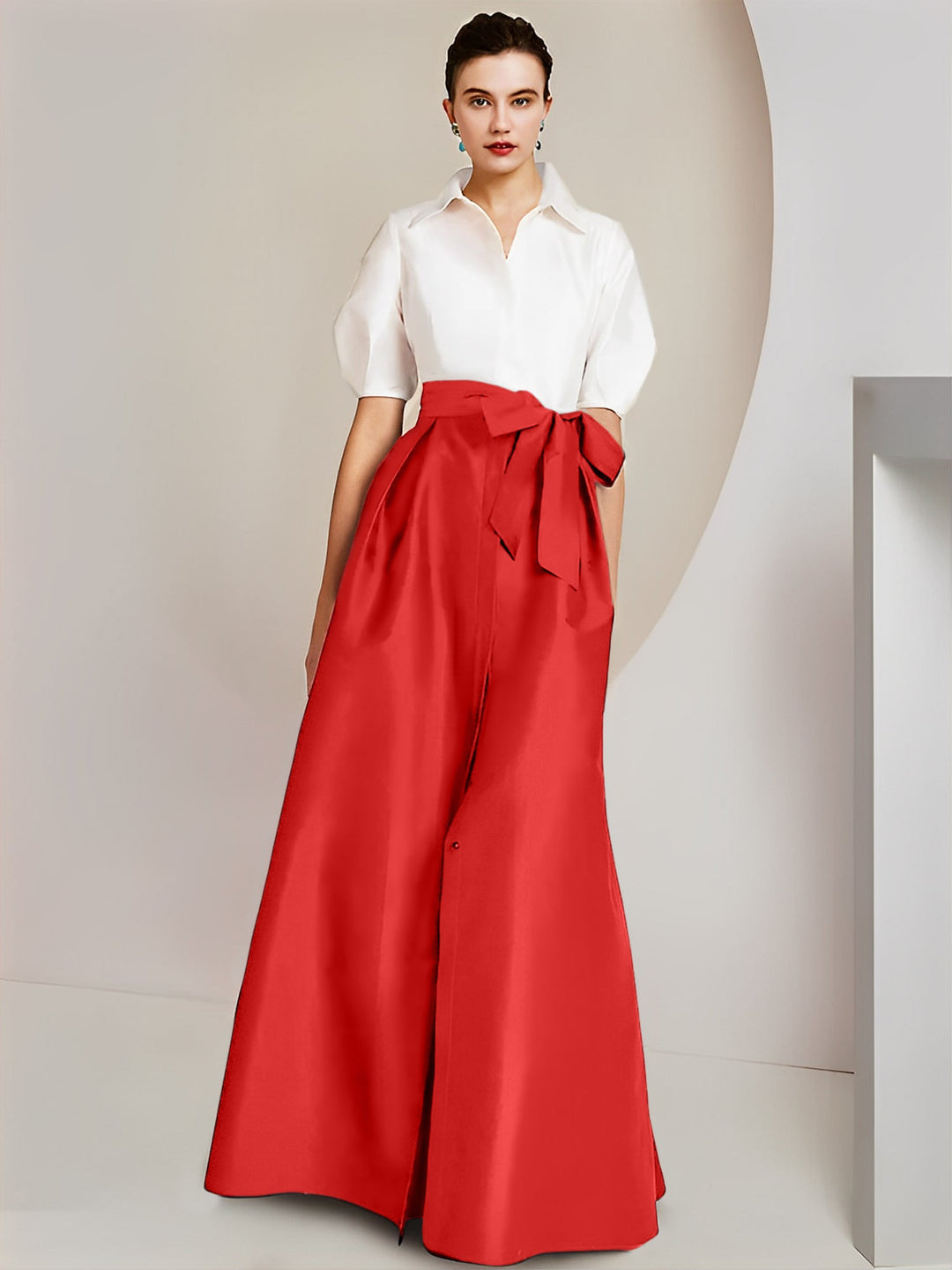 Robe Mère de la Mariée 2 Pièces Coupe A-Line/Princess, Col Chemise, Manches Courtes, Longueur Au Sol, avec Nœud