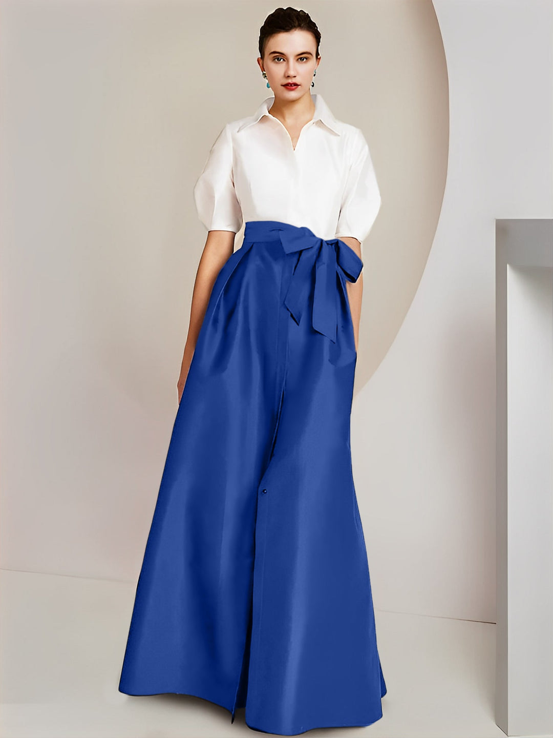 Robe Mère de la Mariée 2 Pièces Coupe A-Line/Princess, Col Chemise, Manches Courtes, Longueur Au Sol, avec Nœud