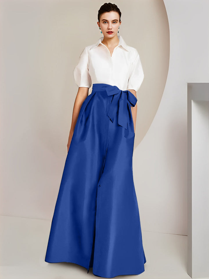 Robe Mère de la Mariée 2 Pièces Coupe A-Line/Princess, Col Chemise, Manches Courtes, Longueur Au Sol, avec Nœud