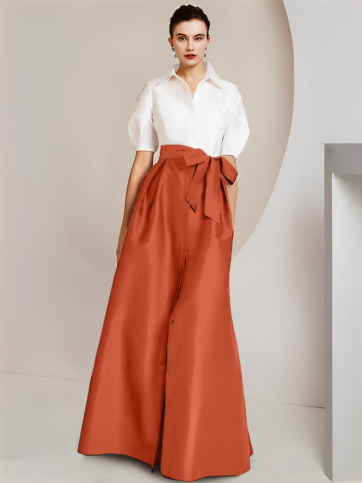 Robe Mère de la Mariée 2 Pièces Coupe A-Line/Princess, Col Chemise, Manches Courtes, Longueur Au Sol, avec Nœud
