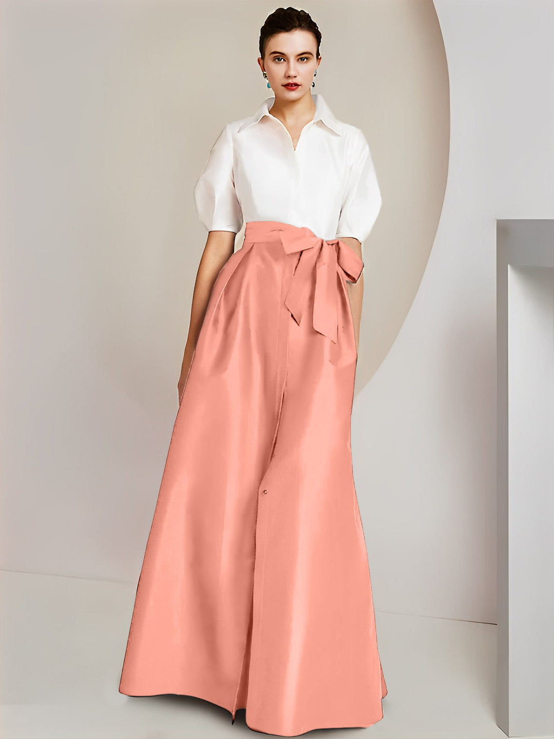 Robe Mère de la Mariée 2 Pièces Coupe A-Line/Princess, Col Chemise, Manches Courtes, Longueur Au Sol, avec Nœud