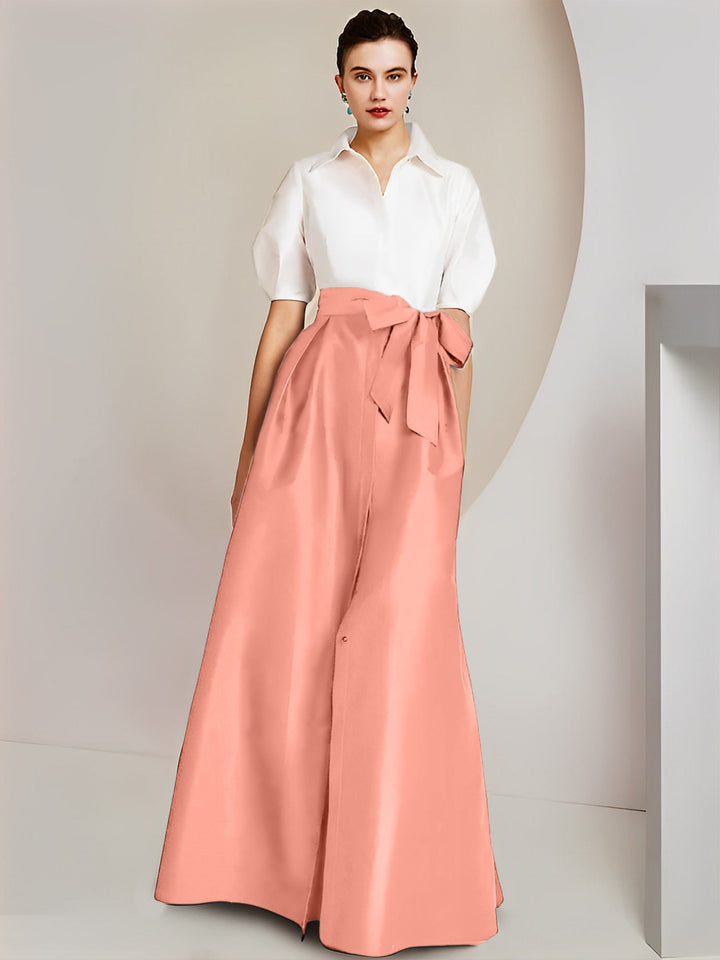 Robe Mère de la Mariée 2 Pièces Coupe A-Line/Princess, Col Chemise, Manches Courtes, Longueur Au Sol, avec Nœud