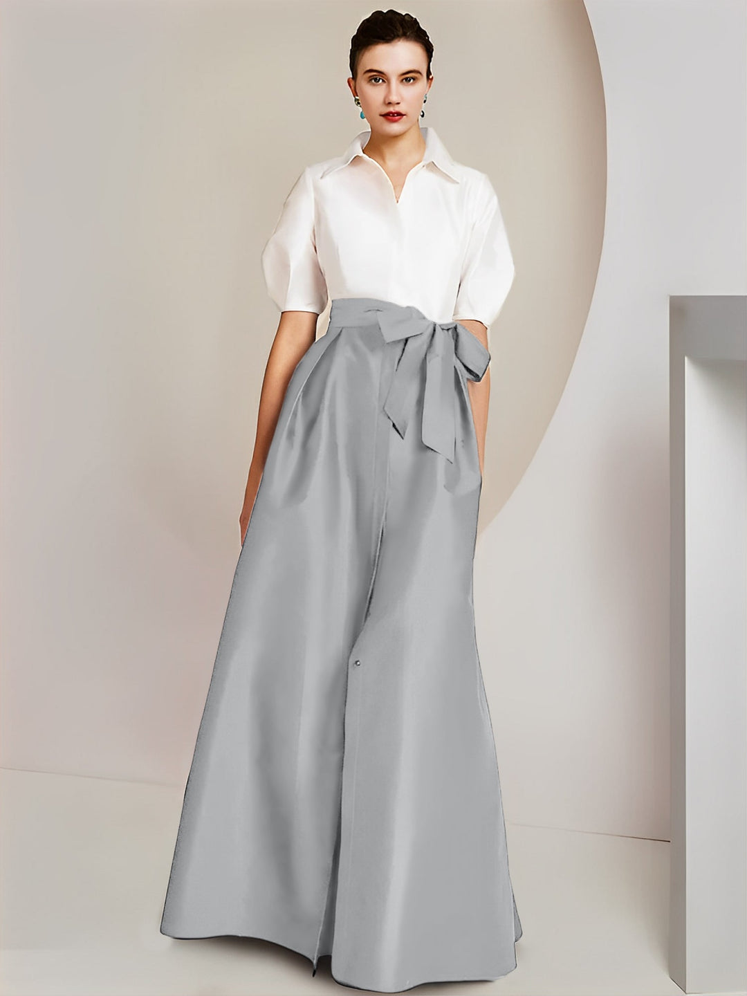 Robe Mère de la Mariée 2 Pièces Coupe A-Line/Princess, Col Chemise, Manches Courtes, Longueur Au Sol, avec Nœud
