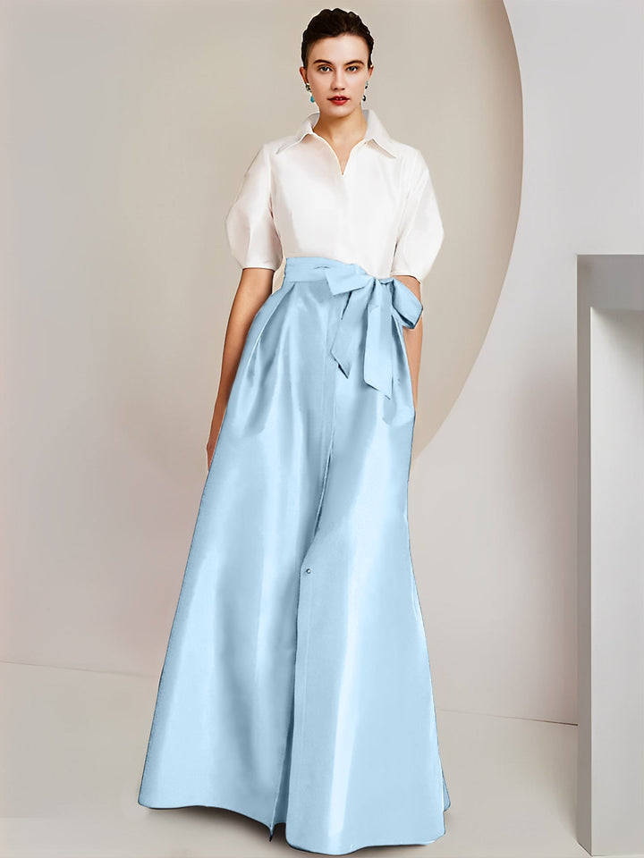 Robe Mère de la Mariée 2 Pièces Coupe A-Line/Princess, Col Chemise, Manches Courtes, Longueur Au Sol, avec Nœud