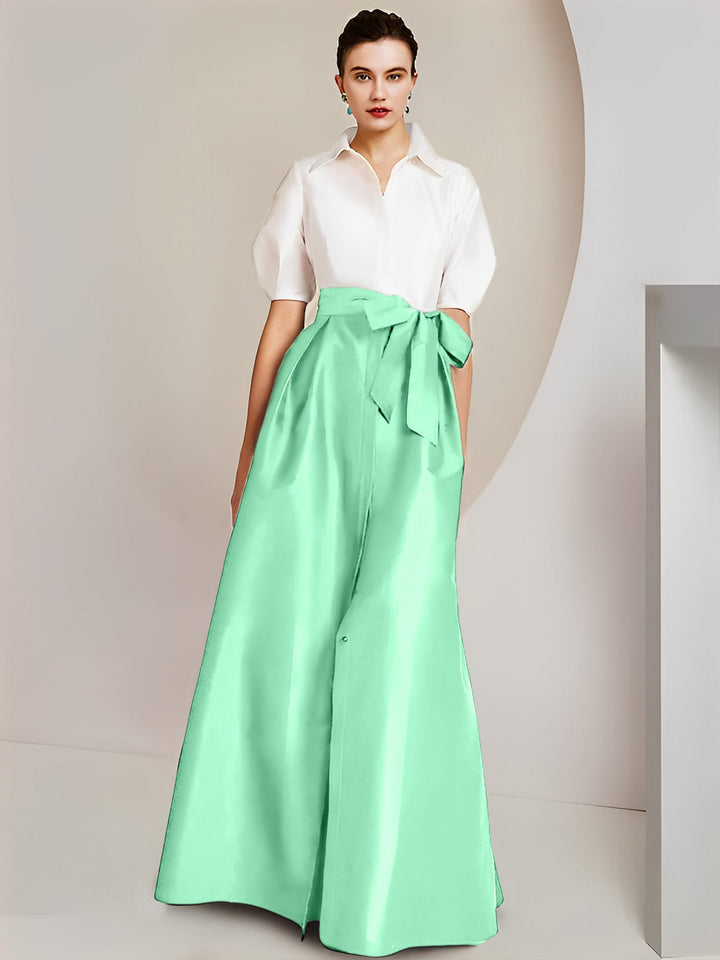 Robe Mère de la Mariée 2 Pièces Coupe A-Line/Princess, Col Chemise, Manches Courtes, Longueur Au Sol, avec Nœud