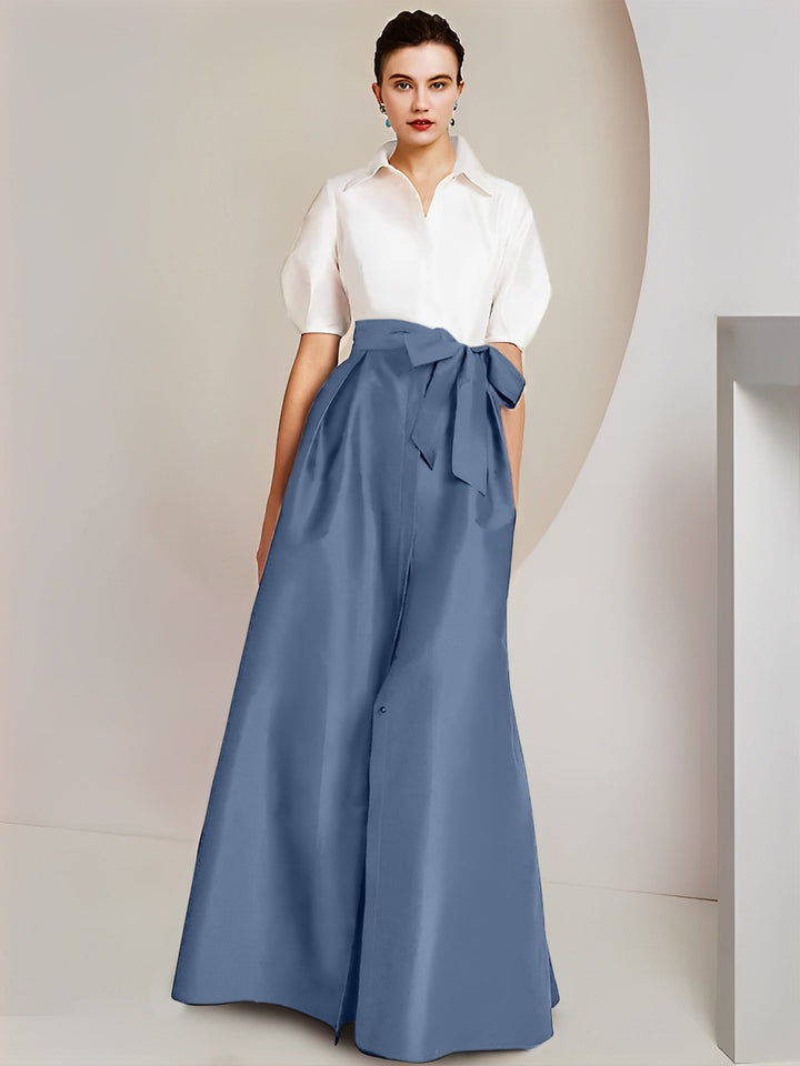Robe Mère de la Mariée 2 Pièces Coupe A-Line/Princess, Col Chemise, Manches Courtes, Longueur Au Sol, avec Nœud