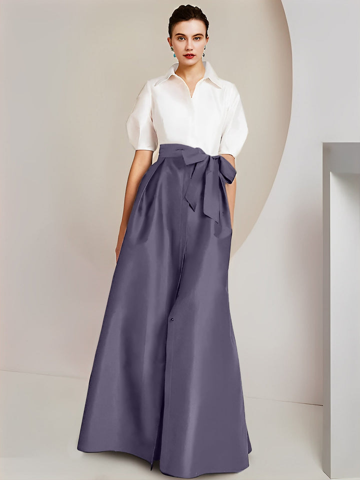Robe Mère de la Mariée 2 Pièces Coupe A-Line/Princess, Col Chemise, Manches Courtes, Longueur Au Sol, avec Nœud