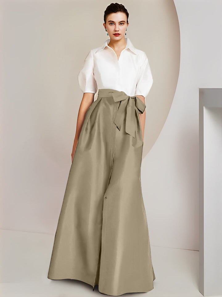 Robe Mère de la Mariée 2 Pièces Coupe A-Line/Princess, Col Chemise, Manches Courtes, Longueur Au Sol, avec Nœud