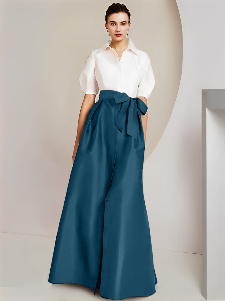 Robe Mère de la Mariée 2 Pièces Coupe A-Line/Princess, Col Chemise, Manches Courtes, Longueur Au Sol, avec Nœud