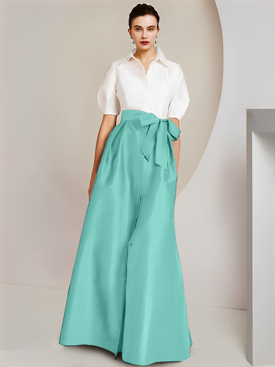 Robe Mère de la Mariée 2 Pièces Coupe A-Line/Princess, Col Chemise, Manches Courtes, Longueur Au Sol, avec Nœud