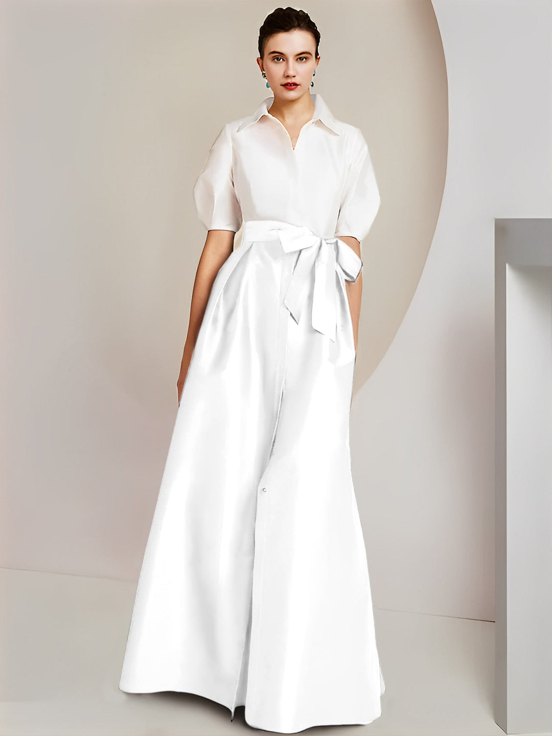 Robe Mère de la Mariée 2 Pièces Coupe A-Line/Princess, Col Chemise, Manches Courtes, Longueur Au Sol, avec Nœud