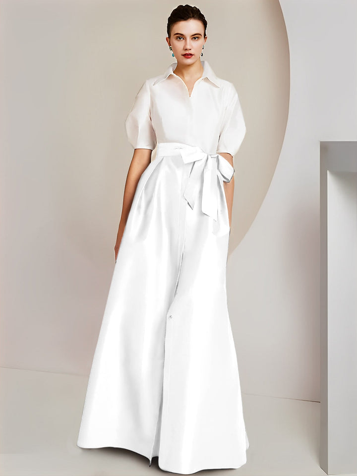 Robe Mère de la Mariée 2 Pièces Coupe A-Line/Princess, Col Chemise, Manches Courtes, Longueur Au Sol, avec Nœud
