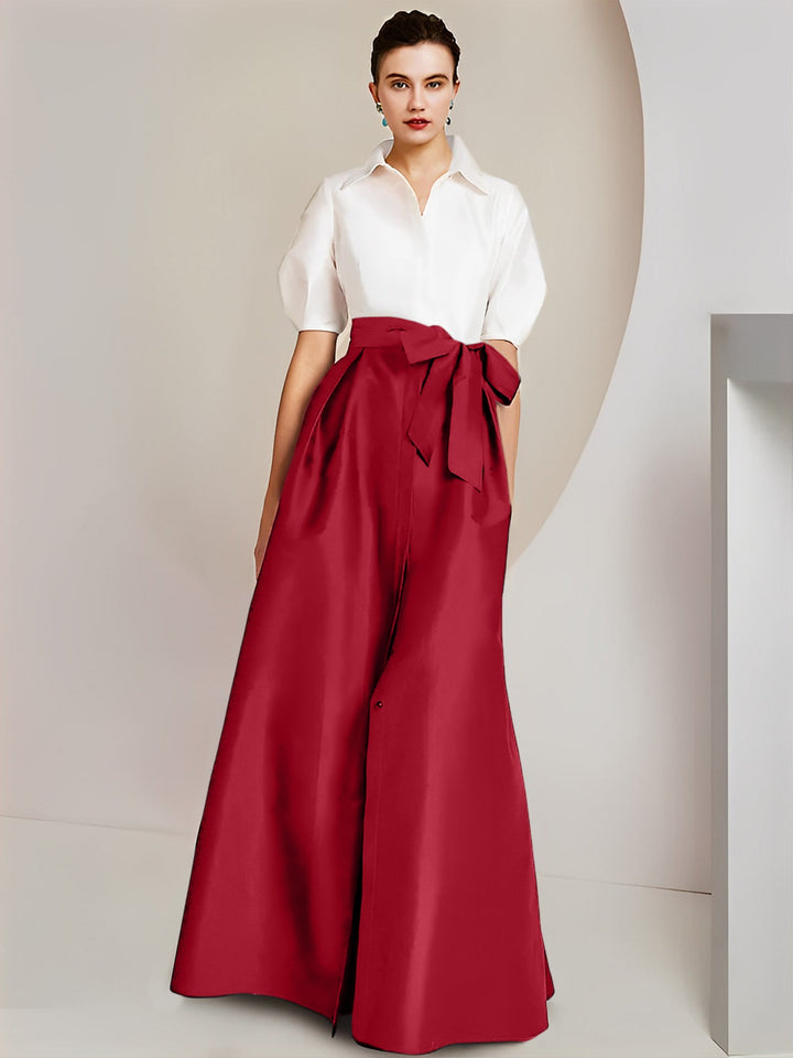 Robe Mère de la Mariée 2 Pièces Coupe A-Line/Princess, Col Chemise, Manches Courtes, Longueur Au Sol, avec Nœud
